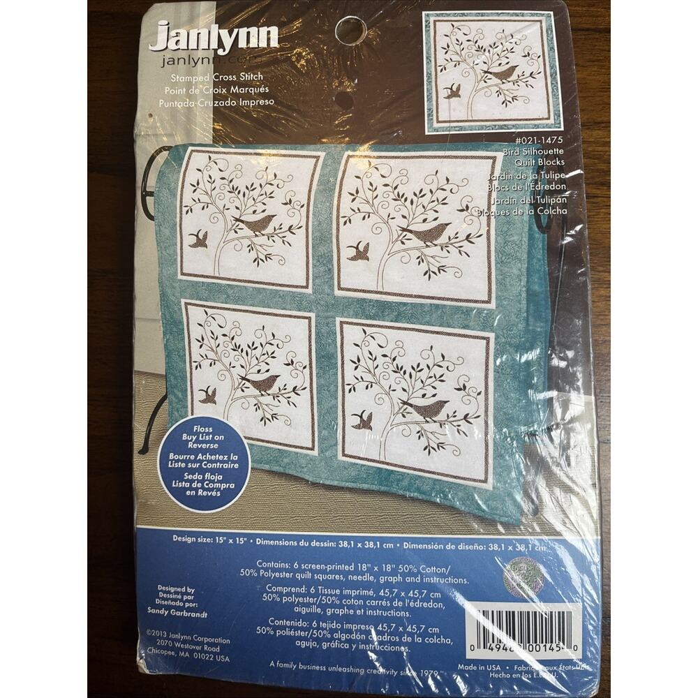 NEW Janlynn Stamped Cross Stitch “Bird Silhouette” Six 15” Quilt Blocks, Cottage